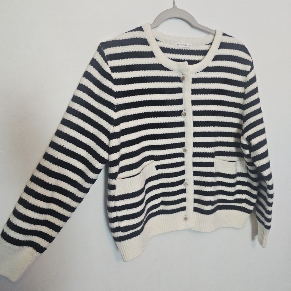 Coastal Grandma Ivory Black Striped Chunky Knit Women's L Sweater Minimalist